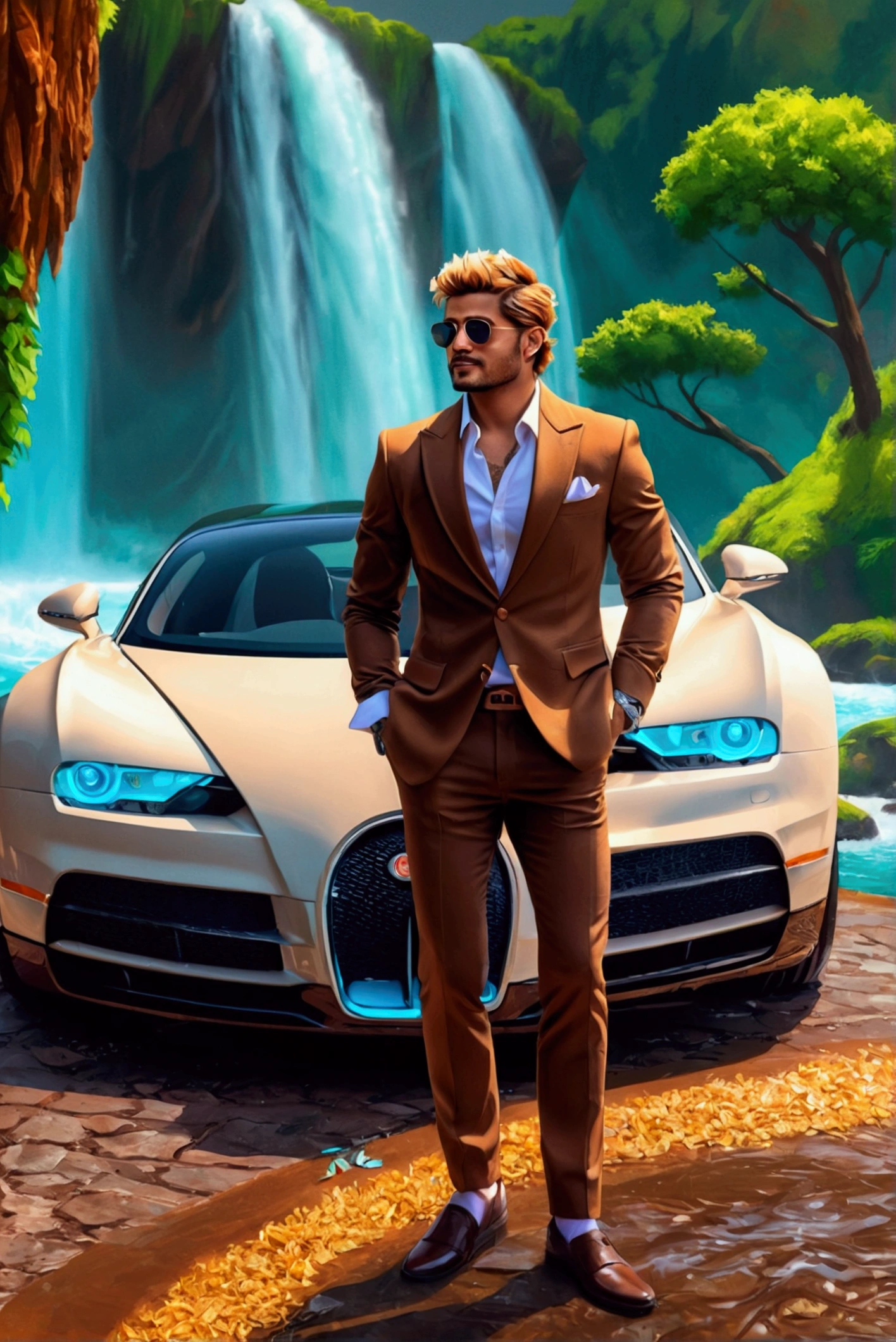 a man in a tan and brown suit is leaning on the front of a brown and gold Bugatti Veyron near a waterfall, Man has light skin in his 30s, background artwork, stylized digital illustration, stylized digital art, style digital painting, fantasy art smug smile man with dark blond hair and trimmed beard and mustache, stylish pose, elegant digital painting, in style of digital illustration, 8k stunning artwork, style in digital painting, hd wallpaper, realistic digital art 4 k, realistic digital art 4k, wavy hair, smile, Hyperrealism, cinematic lighting, accurate, anatomically correct, masterpiece, highres, award winning, super detail