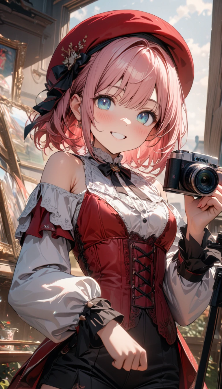 young girl, short pink hair, turquoise eyes, smile, red hat, white victorian shirt, red corset, long red lush sleeves, open shoulders, black shorts, white elements, photo camera, Masterpiece, best quality, Full HD, 8k, ultra details, great graphic