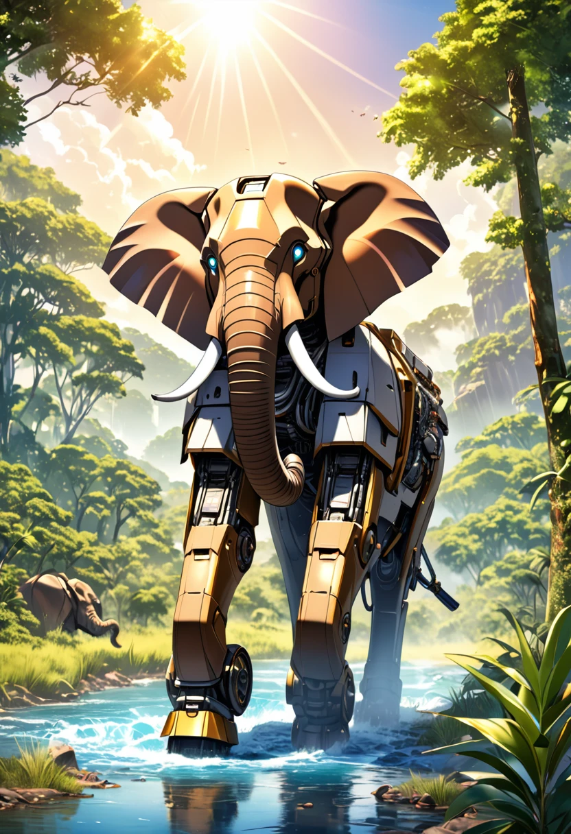 a portrait of a ((mechanical elephant: 1.2)) in the jungle, an epic mecha elephant ((full body: 1.5)), ((anatomically correct: 1.5)), (ultra detailed face: 1.2), mechanical eyes, ,mechanical trunk, in the savannah , full of savannah wild life, there is a stream of water, it is a sunny day, there are sun rays, savannah background, vibrant, Ultra-high resolution, High Contrast, (masterpiece:1.5), highest quality, Best aesthetics), best details, best quality, highres, 16k, (ultra detailed: 1.5), masterpiece, best quality, (extremely detailed) RAW, (ultra details, Masterpiece, best quality), nijimecha
