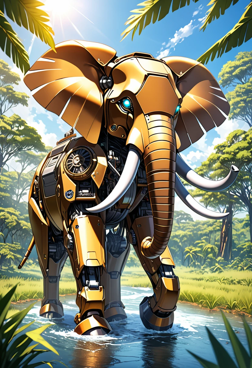 a portrait of a ((mechanical elephant: 1.2)) in the jungle, an epic mecha elephant ((full body: 1.5)), ((anatomically correct: 1.5)), (ultra detailed face: 1.2), mechanical eyes, ,mechanical trunk, in the savannah , full of savannah wild life, there is a stream of water, it is a sunny day, there are sun rays, savannah background, vibrant, Ultra-high resolution, High Contrast, (masterpiece:1.5), highest quality, Best aesthetics), best details, best quality, highres, 16k, (ultra detailed: 1.5), masterpiece, best quality, (extremely detailed) RAW, (ultra details, Masterpiece, best quality), nijimecha