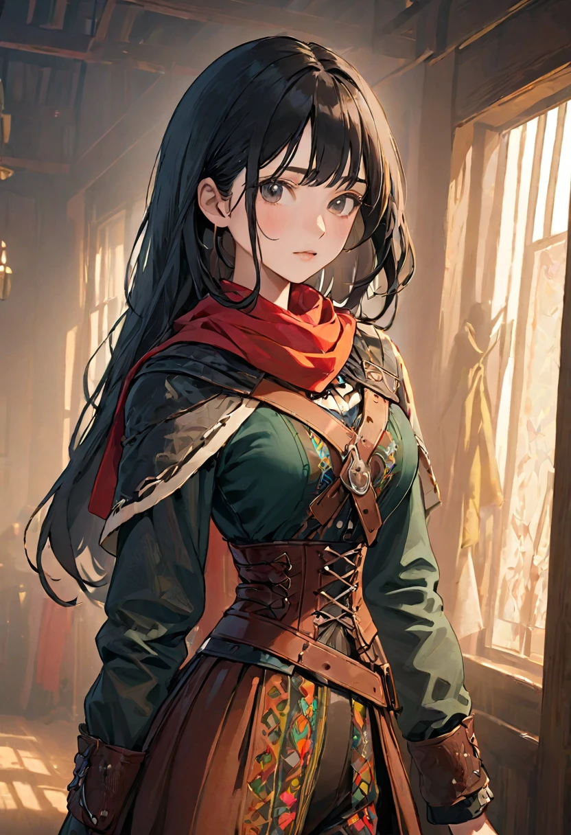 (black hair), black hair 1:4, multicolor patterned clothing 1:5, colorful clothing, female adventurer, game art style, (masterpiece 1:5), colorful clothing 1:5, scarves, leather belts, half skirt over pants and boots, flowing blouse and leather corset, best quality, highres, 4k, 8k, Detailed Illustration, intricate detail, cinematic lighting, amazing quality, 1girl, fit female, amazing shading, soft lighting, facing camera, perfect eyes