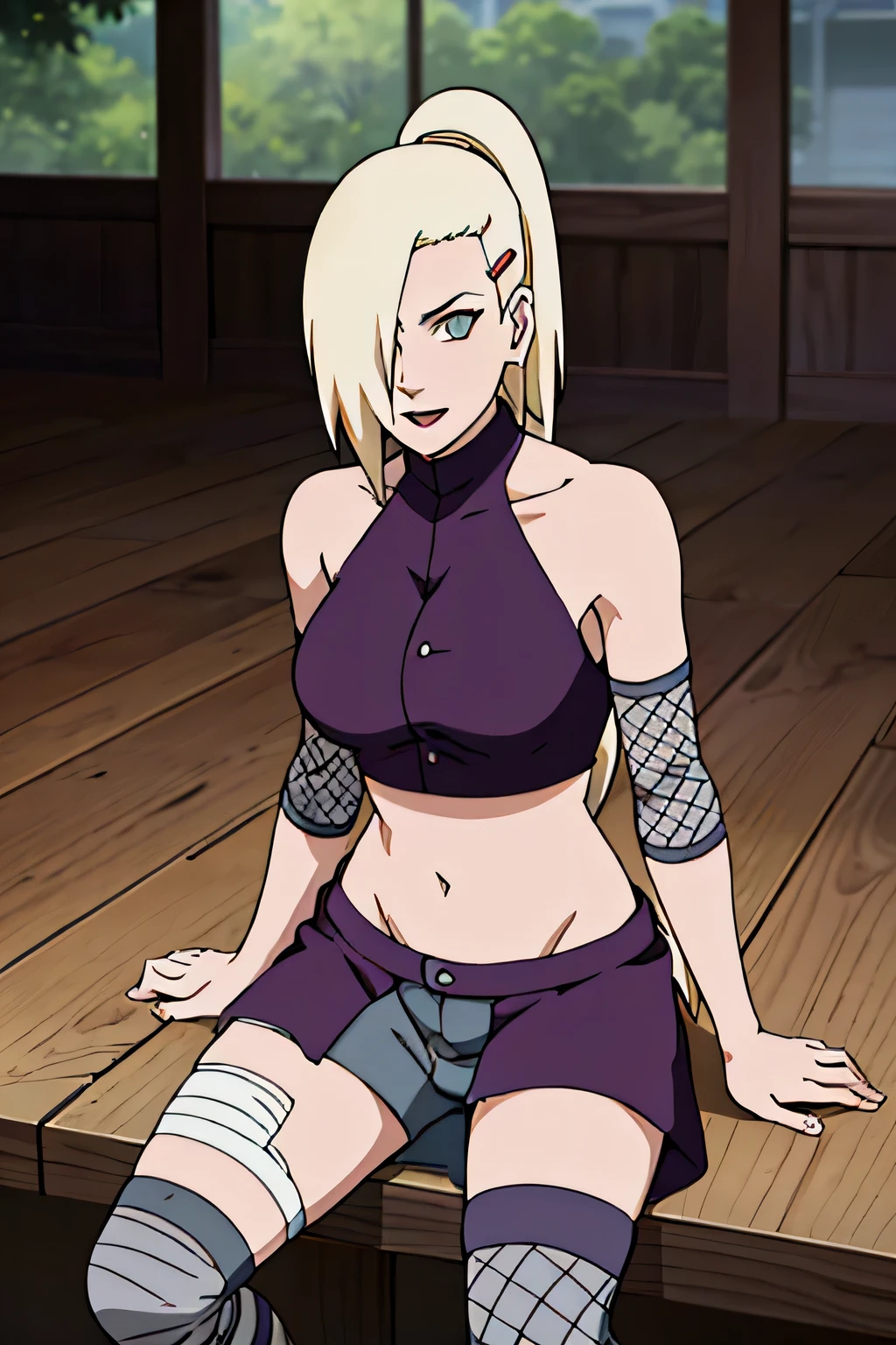 (Position yourself for the audience.), Ino Yamanaka, looking at the audience, charming, Groin, cowboy shoot, Extraordinarily detailed face, sunny day, Daytime, upper body view, anime style, alone, House details, Blonde, ((One eye is covered with fur., Hair over the eyes)), Medium bust, Belly button, looking at the audience, (off shoulder, Broad shoulders, curved body), hidden eyes, smile, open mouth, very happy, high, Hair clips, Looks sharp, Sharp face, Sharp eyes, cool colors,Knees up,Beautiful legs,Leg kick,sitting on the table,Leg lift,Split your legs,Show your pants,นั่งSplit your legs