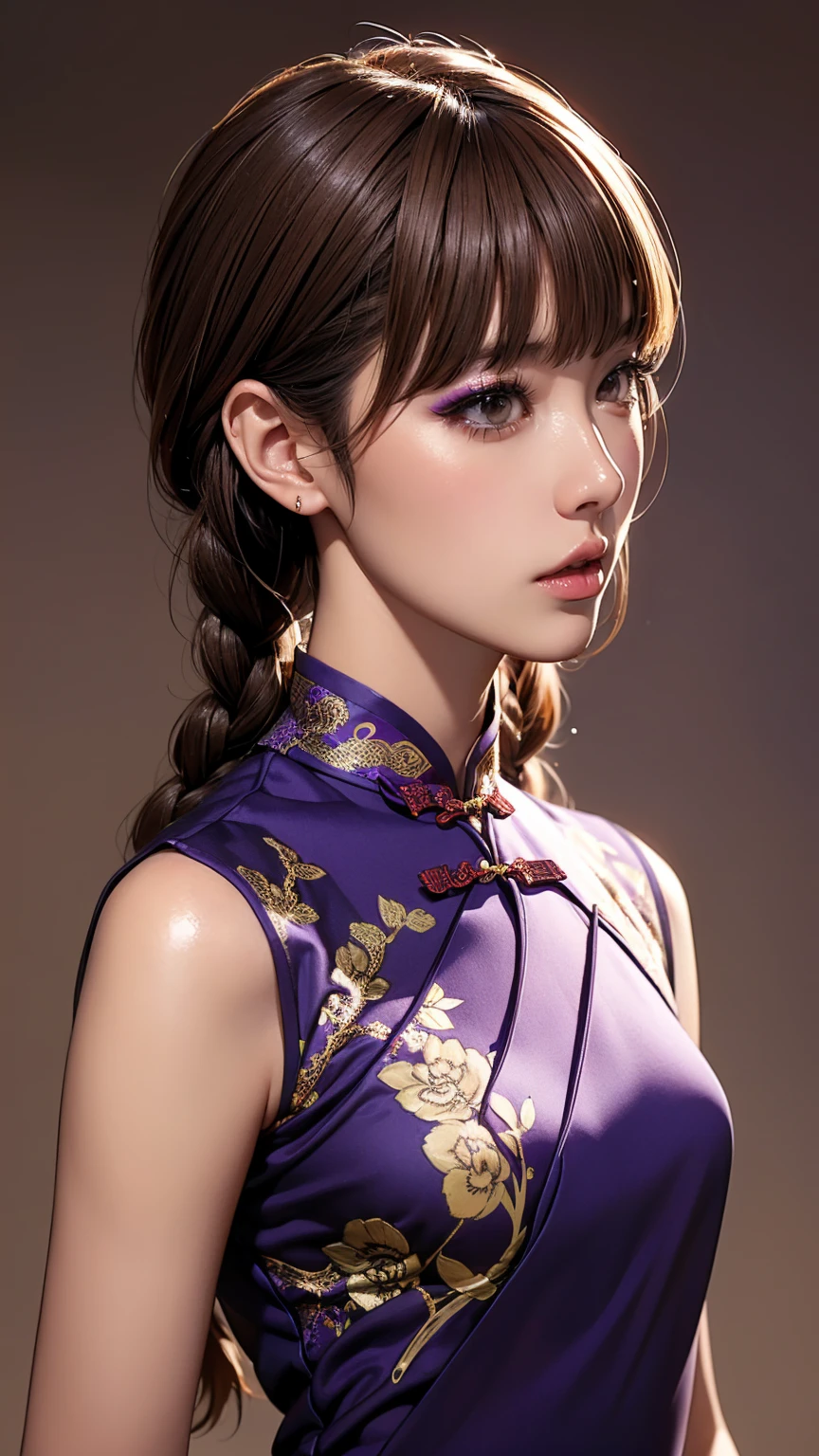 Realistic, masterpiece, Highest quality, Highest Resolution, Anatomically correct, Accurate Anatomy, 7 heads, Height: 165cm, One Japanese woman, A sharp expression with some teeth showing, Profile staring into the distance, Fine and beautiful eyes, Sparkling eyes, Thin eyebrows, Gives lashes a delicate finish, False eyelashes, (Chinese traditional makeup:1.2), (Braided hair, Blunt bangs, Brown Hair:1.2), Detailed face, Sharp Eyes, (Classic purple and gold cheongsam, Fitted clothing:1.3), Bust up photo, Blank background in warm colors