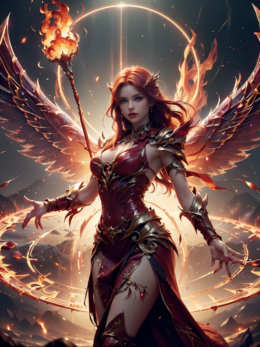 frontal, close up, floating in the air, ((1 woman, she is a fire fairy, alone, luminescent red hair, medium and shiny hair, thick lips, Red eyes, fairy wings, ethereal beauty.)) fire wings, ((He holds a gold, flaming staff with both hands)) ((She is dressed with: fire fairy clothing, ethereal and mystical dress, ruby armor )). angry and radiant look, expression of anger. ((sky, intense light particles, sparks from a magic circle)) ((around: un sky dimensional, with lights and fire, Intricate, luminescent vines, Light rays)) ((realist, fotorrealista:1.3), masterpiece, extremely detailed pale body, half body.))