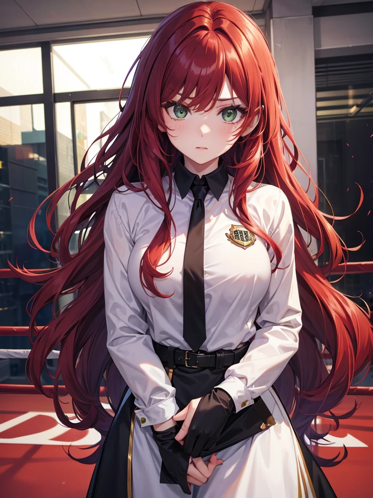 girl, green eyes, long red hair, she hair messy wavy. have bangs. wear purple black uniform, arogant, independent woman, itimidating, mature women. boxing