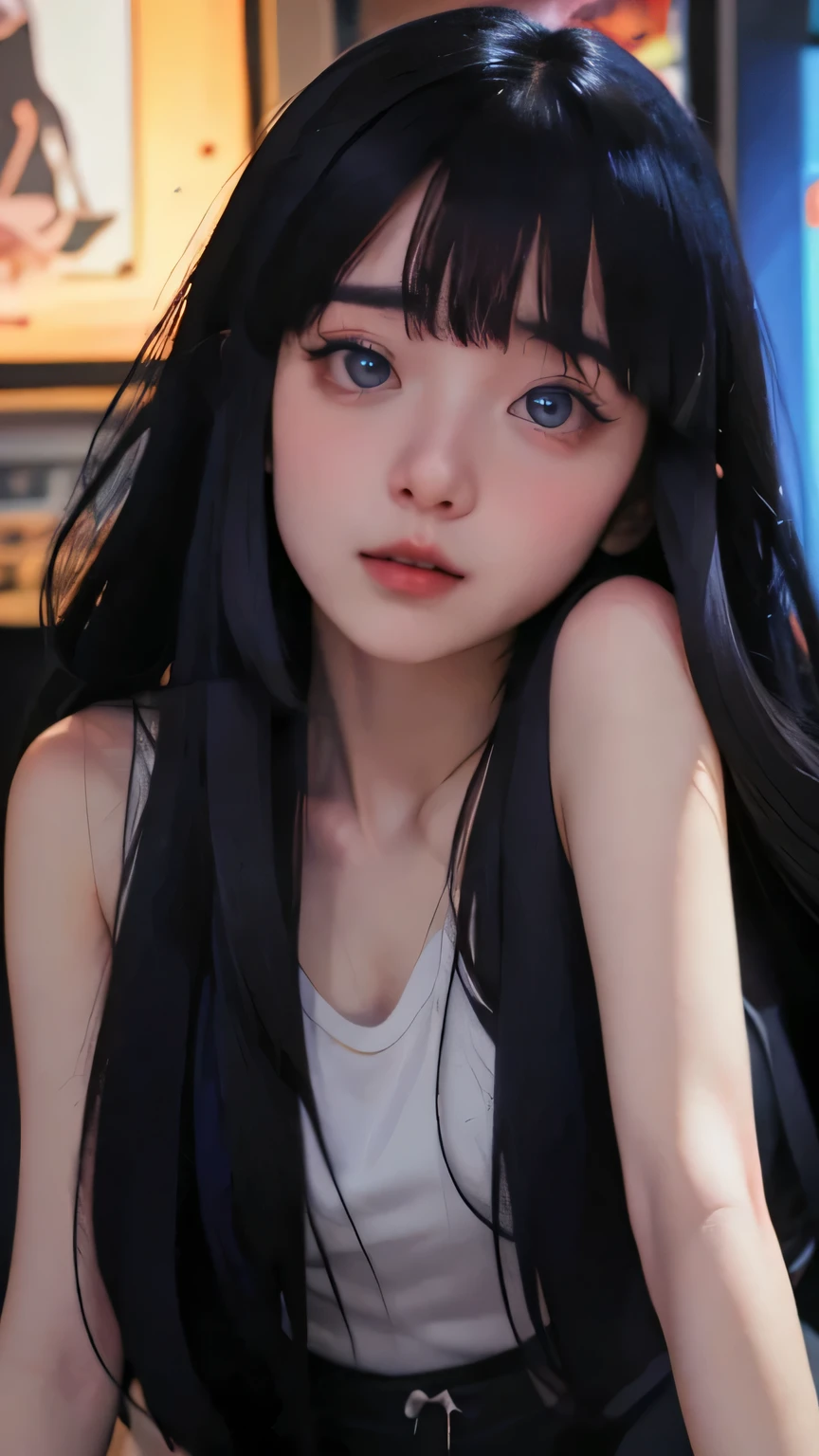 Cute girl with a joyful expression, full body shot in an arcade filled with colorful lights and retro games, wearing a playful outfit with vibrant colors, digital art, high detail, anime style, by Hayao Miyazaki and Ilya Kuvshinov, 4k resolution, cinematic lighting, fun atmosphere