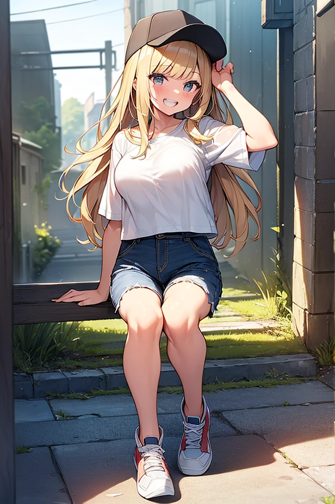 (Masterpiece, Top quality:1.5), 1 beautiful girl, solo, squatting down, from side, Blonde, medium Hair, wavy Hair, asymmetry bangs, swept bangs, airy hair, large breasts:1.2, 16 year old, standard weight, (casual summer fashion, Shorts :1.3), baseball cap,  grin:1.3, blush, beautiful scene of narrow Alley, blurry background, magnificent panorama view, blurry background, open mouth,
