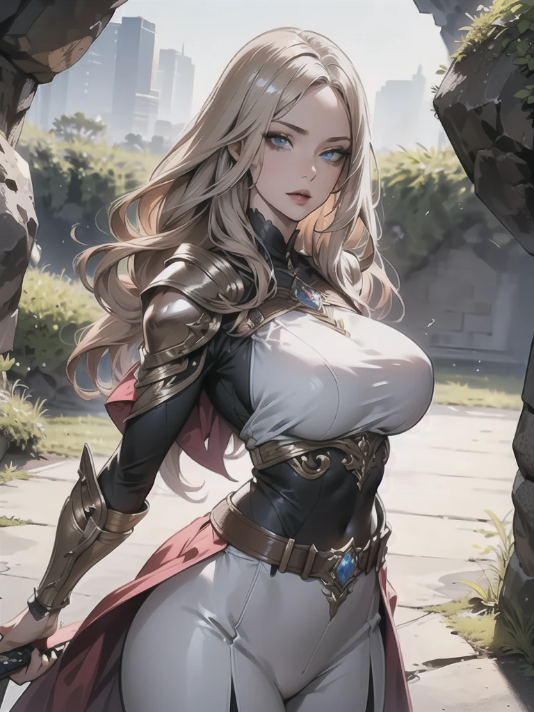 (8k, Highest quality:1.2)、masterpiece, (((a  beautiful female demon))), (((Attractive Russian model)))、(( Clothes that fit the body))、((Plate armor with attention to detail)),(((whole body金属の鎧)))、 (Strong muscular body),(Powerful arms)、(((Big Breasts)))、(((Voluptuous)))、 (Light blonde hair), Braiding、Disheveled Hair、 (High fantasy battlefield environment), (((The background is a cave))), (((Holding a sword))), (Big Sword)、 High resolution, (Skin Texture:1.1), Highest quality, 超High resolution, (Realistic: 1.4), RAW Photos, By Ellen von Unwerth, Nikon D850 film stock photos, 1 1 1.6 Lenses, Rich colors, Bokeh, Sharp focus, Realistic, Cinestill 800, Backlight, Rim Light, Strong sunlight, Realistic, Realistic Shadow, 3d, (Dark room),Hair blowing in the wind、whole body、 (Ancient fantasy soldiers),(Ancient soldier armor),Combat Accessories,breastplate、((Long skirt))、Voluminous lips、((Big Breasts))、((Large Breasts))、((Perfect Face))、Big eyes、Delicate eyes、Body-fitting armor、Looking into the camera、belt、Armor with a beautiful pattern、Upper Body、whole bodyの鎧、Delicate hands、Knee-high boots、