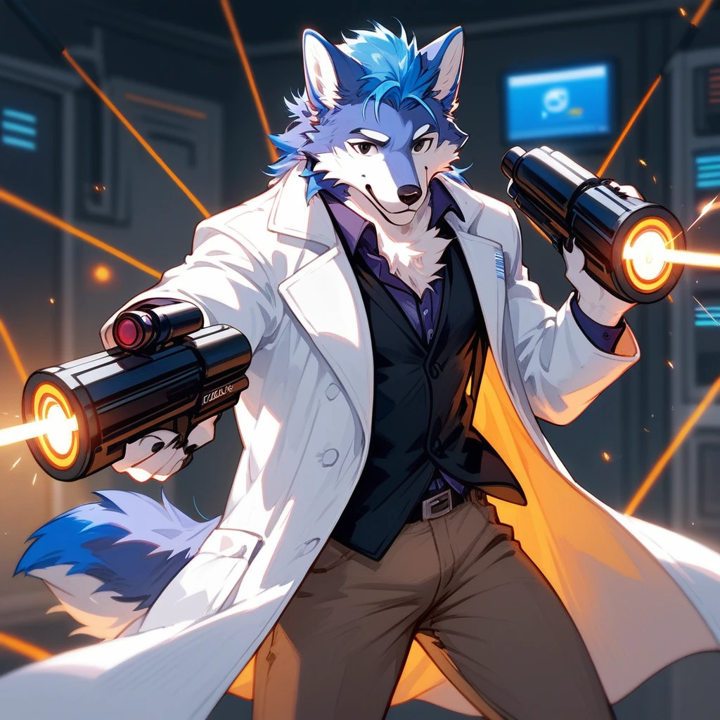 Sexy wolf, Male, furry, purple black and fuchsia, rick sanchez, black eyes, blue hair, white lab coat, brown pants, holding a portal gun (score_9,score_8_up,score_7_up,score_6_up,score_5_up,score_4_up)