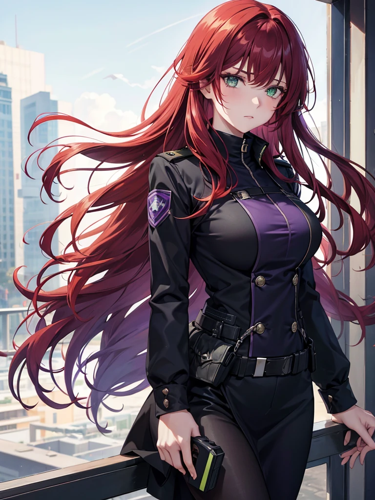 girl, green eyes, long red hair, she hair messy wavy. have bangs. wear purple black uniform, arogant, independent woman, itimidating, mature women. glare, agent