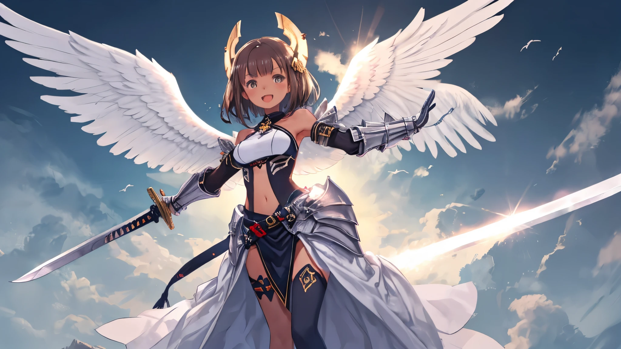 fantasy, 1angel_girl, low_, dark_brown_hair,long_bangs, (dark_skin)+, bare_shoulder, navel out, thighhighs,silver_shiny_armor, white_clothes,waist_armor, Glebe, hold_swords_emits_light, medium_breasts, dynamic_flying_pose,Floating, (1pair_white_wings:1.2),(pelvic_curtain:1.3), silver_Headgear ,looking_down_at_sunset_city_sky_background,,slightly_spread_legs, some_swords_emits_light,some_swords_emits_light_floating_around_the_girl,solo,glare_halo,laugh ,smile,open_mouth,open_legs,open_arms,rise_knee,rise_leg,rise_thigh,rise_leg,forward_leaning_posture,apart_legs,