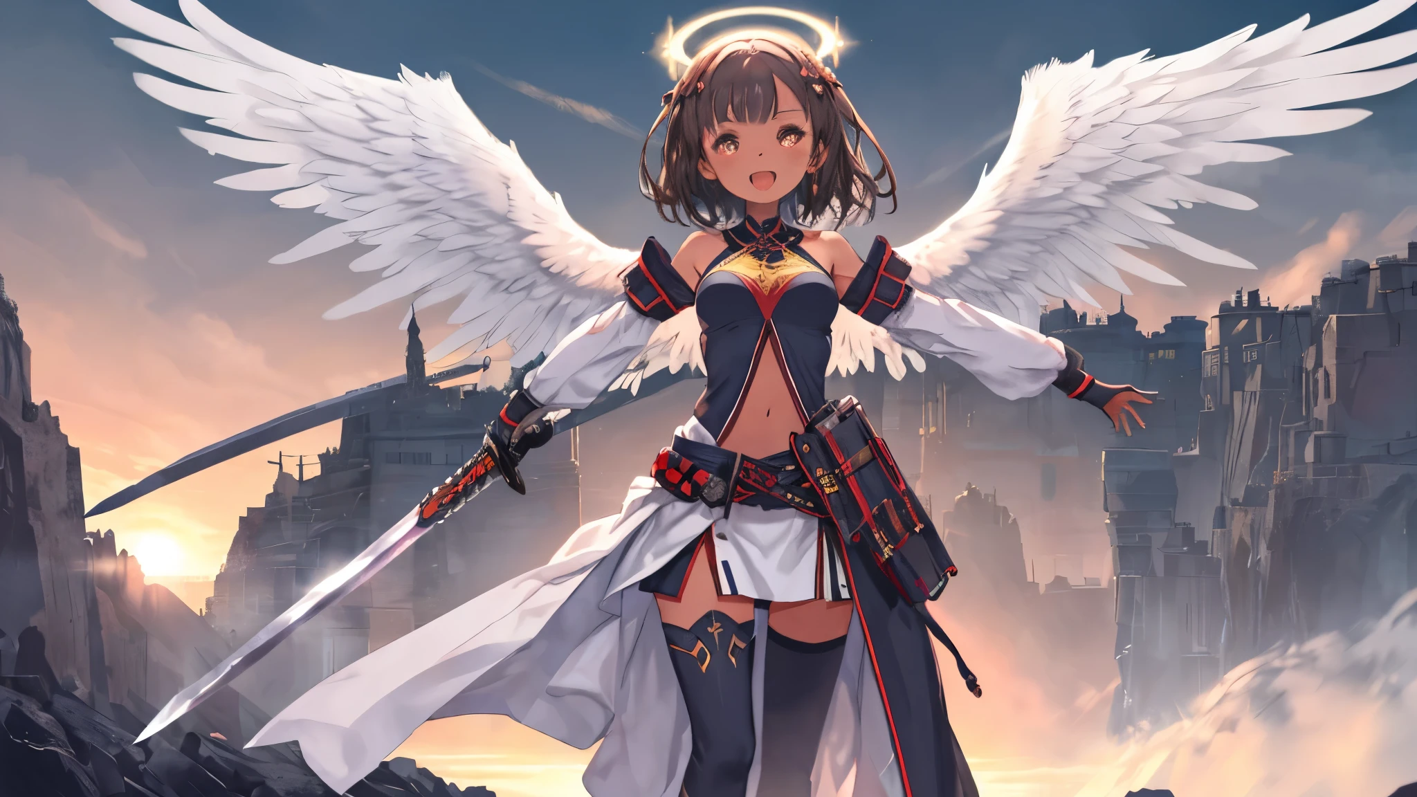 fantasy, 1angel_girl, low_teen, dark_brown_hair,long_bangs, (dark_skin)+, bare_shoulder, navel out, thighhighs,silver_shiny_armor, white_clothes,waist_armor, Glebe, hold_swords_emits_light, medium_breasts, dynamic_flying_pose,Floating, (1pair_white_wings:1.2),(pelvic_curtain:1.3), silver_Headgear ,looking_down_at_sunset_city_sky_background,,slightly_spread_legs, some_swords_emits_light,some_swords_emits_light_floating_around_the_girl,solo,glare_halo,laugh ,smile,open_mouth,open_legs,open_arms,rise_knee,rise_leg,rise_thigh,rise_leg,forward_leaning_posture,apart_legs,