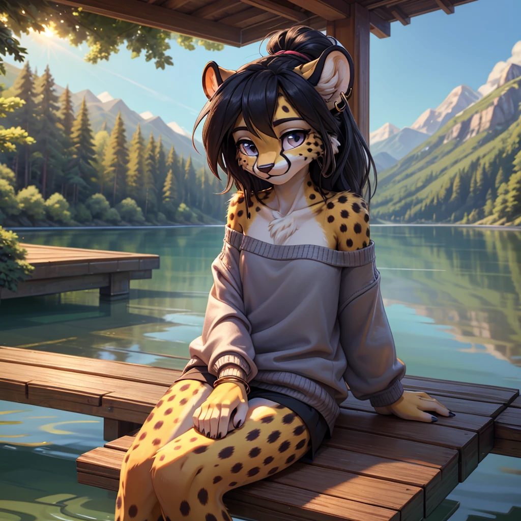 **Prompt:** A beautiful, (masterpiece), high quality, perfect lighting, highly detailed CG Unity 8k wallpaper, high resolution, perfect lighting, youthful, adolescent, tall, slim, skinny, frail slender figure, slim legs, distinctly feminine figure, narrow hips, long legs, close-up shot of a unique female cheetah character. She has sleek, golden-yellow fur with distinctive black spots scattered across her body, adding to her natural elegance. Her hair is styled in a loose, messy bun, with a few strands escaping to frame her face. Her eyes are a striking blue, filled with a playful spark. She is dressed in casual, loose clothing: an oversized, off-the-shoulder sweater in a soft, heather grey fabric, paired with comfortable, loose-fitting joggers in a matching color. She wears simple, white sneakers and a few casual accessories, including a woven bracelet and a pair of small, stud earrings. The character is posed in a candid, relaxed moment, sitting on the edge of a wooden pier with her legs dangling over the water. She is leaning back on her hands, her face tilted up to enjoy the warmth of the sun, looking at the viewer with a loving gaze. Detailed glistening eyes. The background is a softly blurred lakeside scene with calm water and distant trees, enhancing the serene and laid-back atmosphere. The lighting highlights the texture of her fur and the softness of her clothing, creating an inviting and tranquil scene that captures a peaceful, everyday moment.