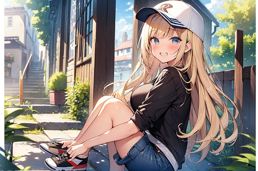 (Masterpiece, Top quality:1.5), 1 beautiful girl, solo, squatting down, from side, Blonde, medium Hair, wavy Hair, asymmetry bangs, swept bangs, airy hair, large breasts:1.2, 16 year old, standard weight, (casual summer fashion, Shorts :1.3), baseball cap, grin:1.3, blush, beautiful scene of narrow Alley, blurry background, magnificent panorama view, blurry background, open mouth,