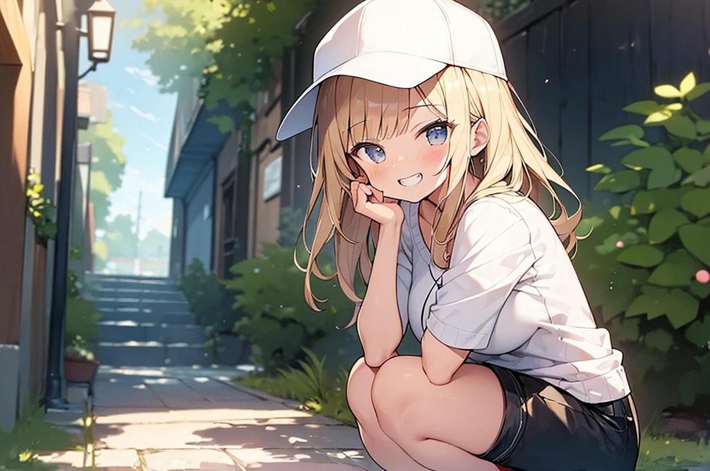 (Masterpiece, Top quality:1.5), 1 beautiful girl, solo, squatting down, from side, Blonde, medium Hair, wavy Hair, asymmetry bangs, swept bangs, airy hair, large breasts:1.2, 16 year old, standard weight, (casual summer fashion, Shorts :1.3), baseball cap,  grin:1.3, blush, beautiful scene of narrow Alley, blurry background, magnificent panorama view, blurry background, open mouth,