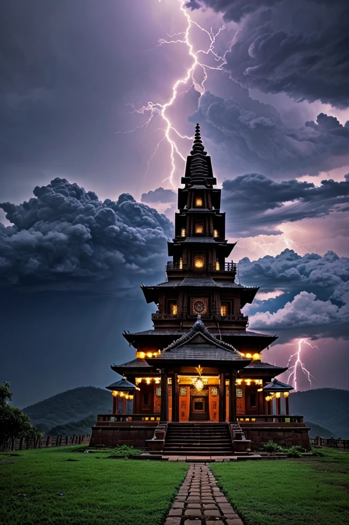 Create an image that depicts the Bijli Mahadev temple, situated on a hill with lightning striking the temple. The background should show a dramatic sky filled with dark clouds, emphasizing the mystery and power of the lightning. The temple should be shown in detail, capturing its unique architecture and spiritual ambiance."