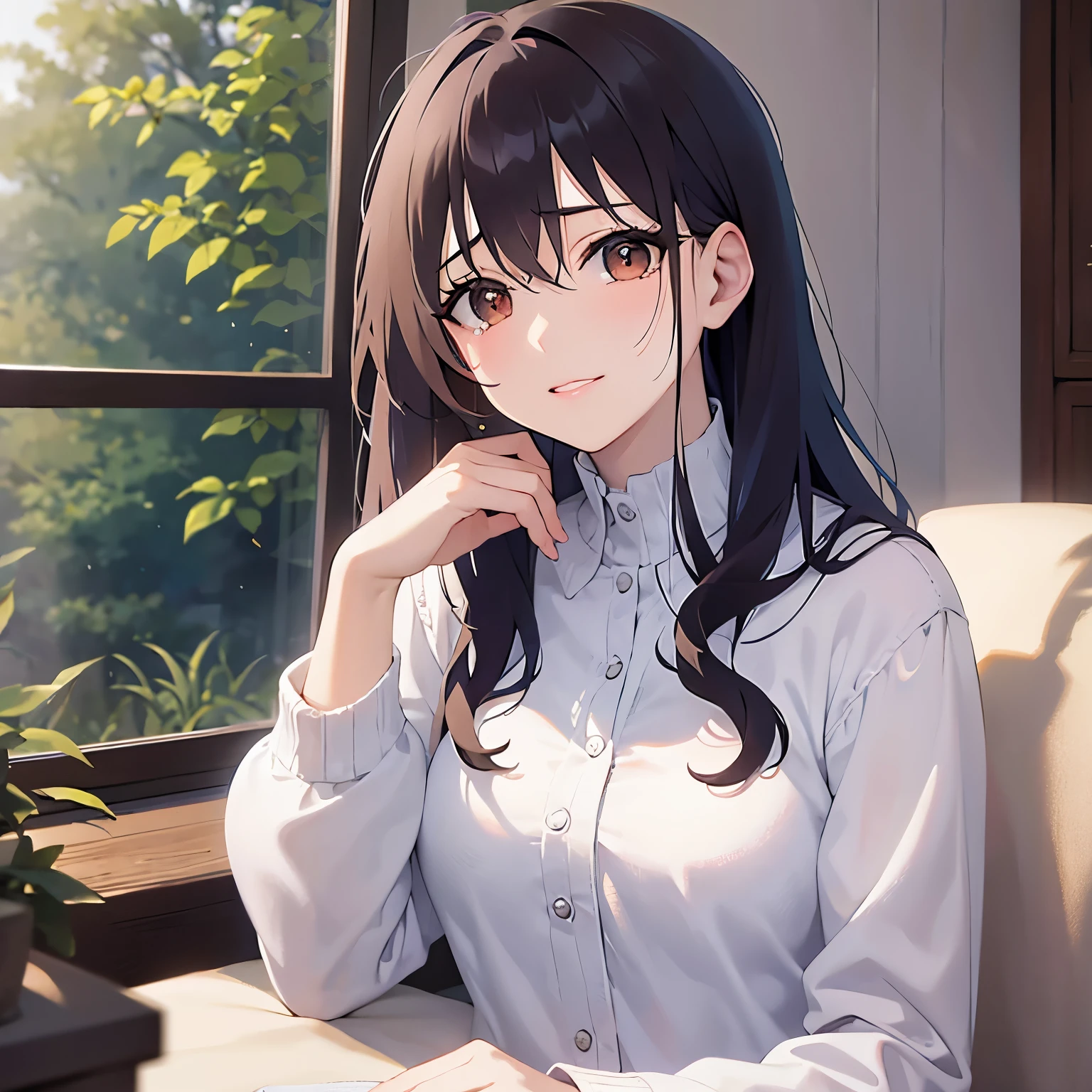 (looking away:1.5),Upper Body,head tilt,(wiping tears:1.2),
Realistic, real person, (pale skin: 1.2), RAW photo, photorealistic, shiny skin, shiny hair、
(A 25-year-old woman with medium-length hair and bangs) and (wavy hair) and (brown hair) and (orange eyes) 、
(tearful:1.2),smile,Sitting、White long sleeve dress with collar、The background is the living room