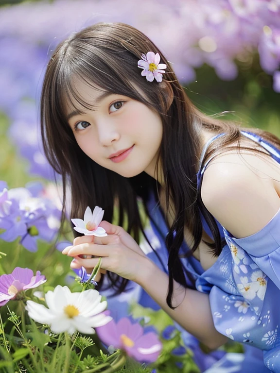 Photo-realistic quality、Japanese woman in a pale blue light summer dress kneeling in a flower field, Beautiful Japanese girl face, Black Hair, Holding a cosmos flower in her hand、Young Japanese girl idol, In the grassland, Portrait of a Japan teenager,looking at the camera、Detailed and beautiful eyes、Cute smile、A soft and gentle look、A dress with thin straps and a large open chest、Cleavage、Small flower in hair