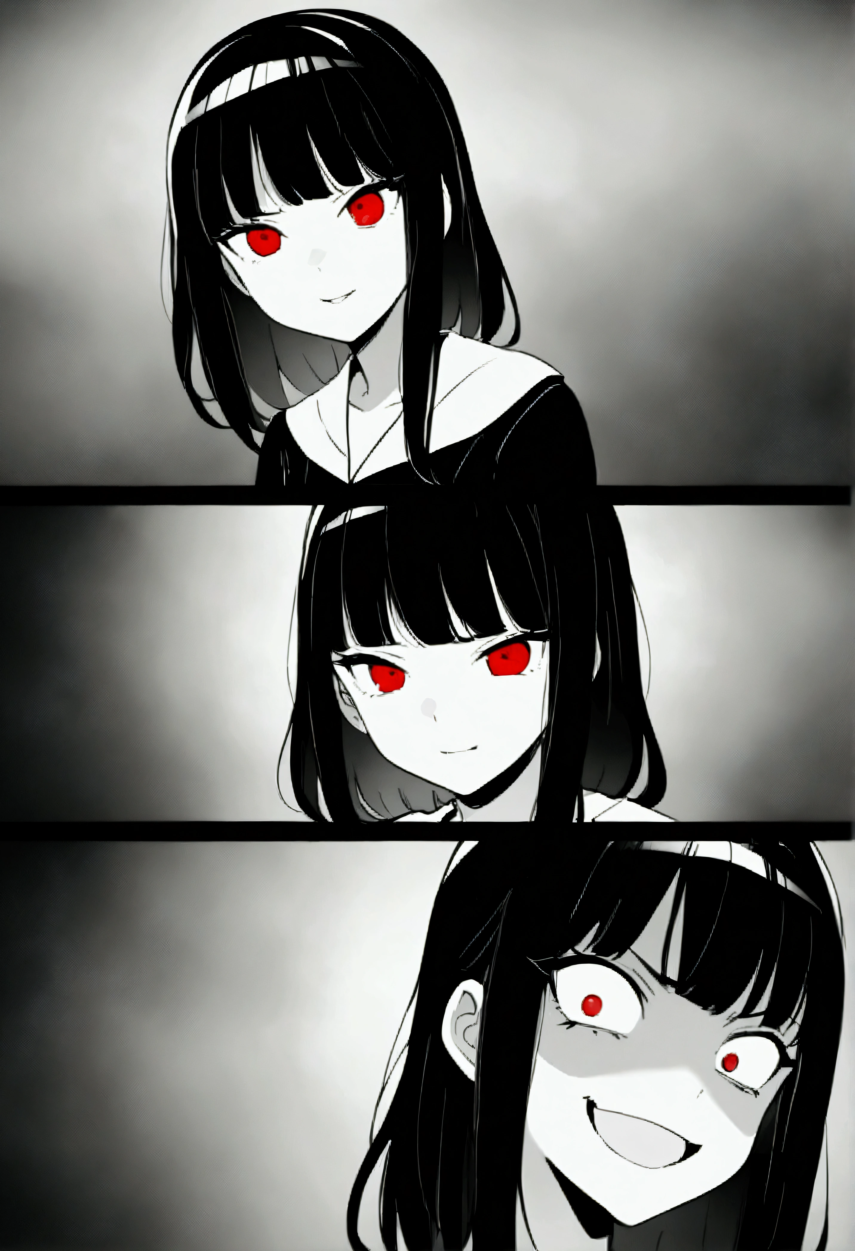 (anime style, manga, masterpiece) A psychopathic villain women with long black hair and red eyes, a sinister smile, and a menacing expression, 1girl. (B&W filter with noise.) dark & gloomy atmosphere, 4k, full HD, highly-detailed