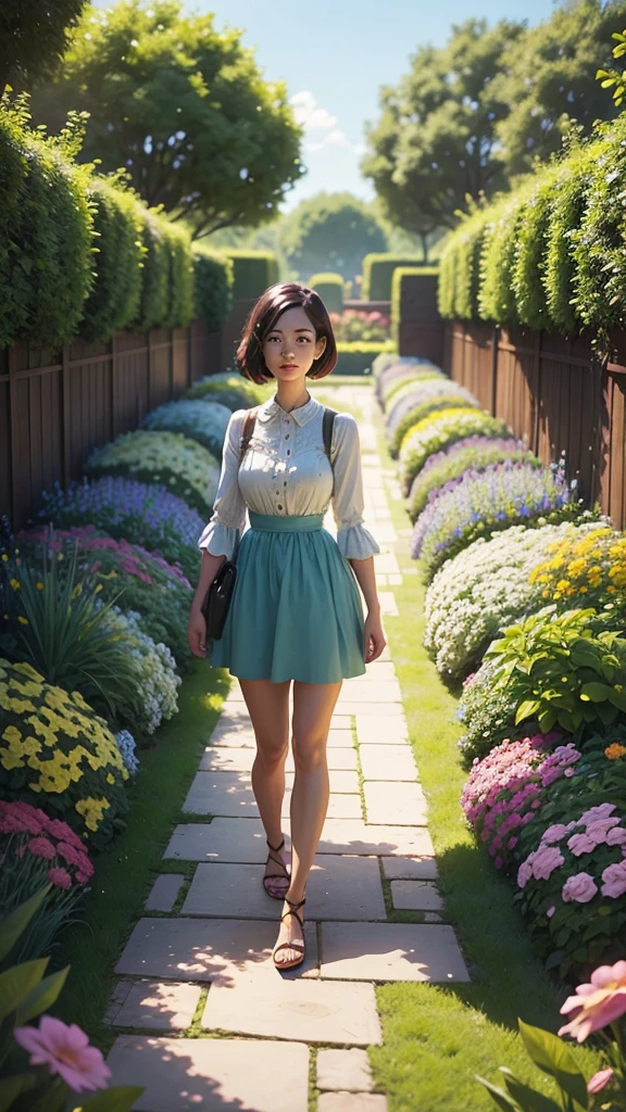 A woman in a Pixar-style garden, surrounded by blooming flowers,