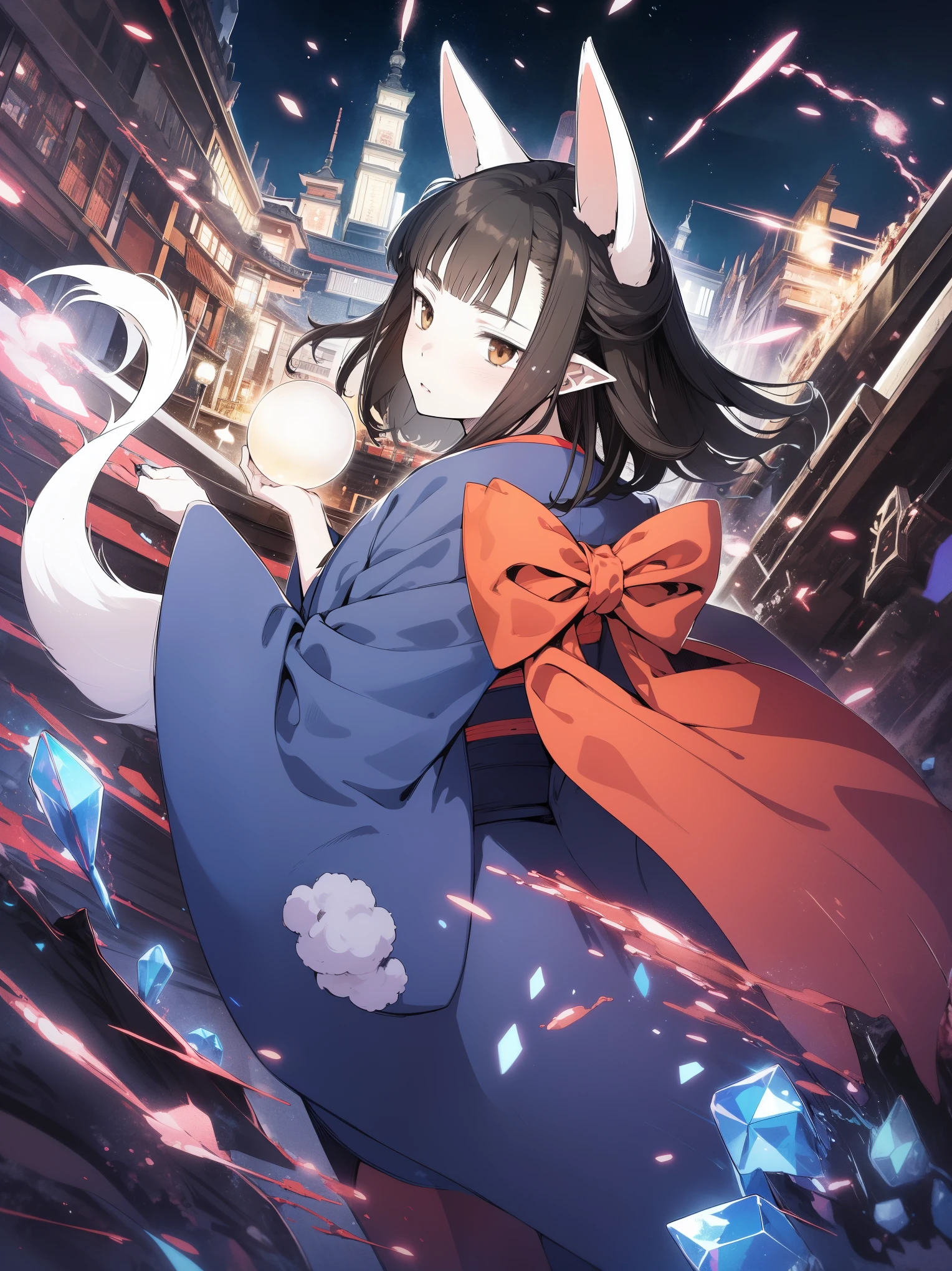 Hasaha, 1girl, young_teen, soro, brown eyes, animal ears, black hair, pointy ears, short_ hair, fox ears, bangs, blunt bangs, f,
japanese clothes, kimono, tail, blue kimono, fox tail, crystal ball,
masterpiece, high quality, very_high_resolution, large_filesize, full color,night_town_landscape, cobblestone_road