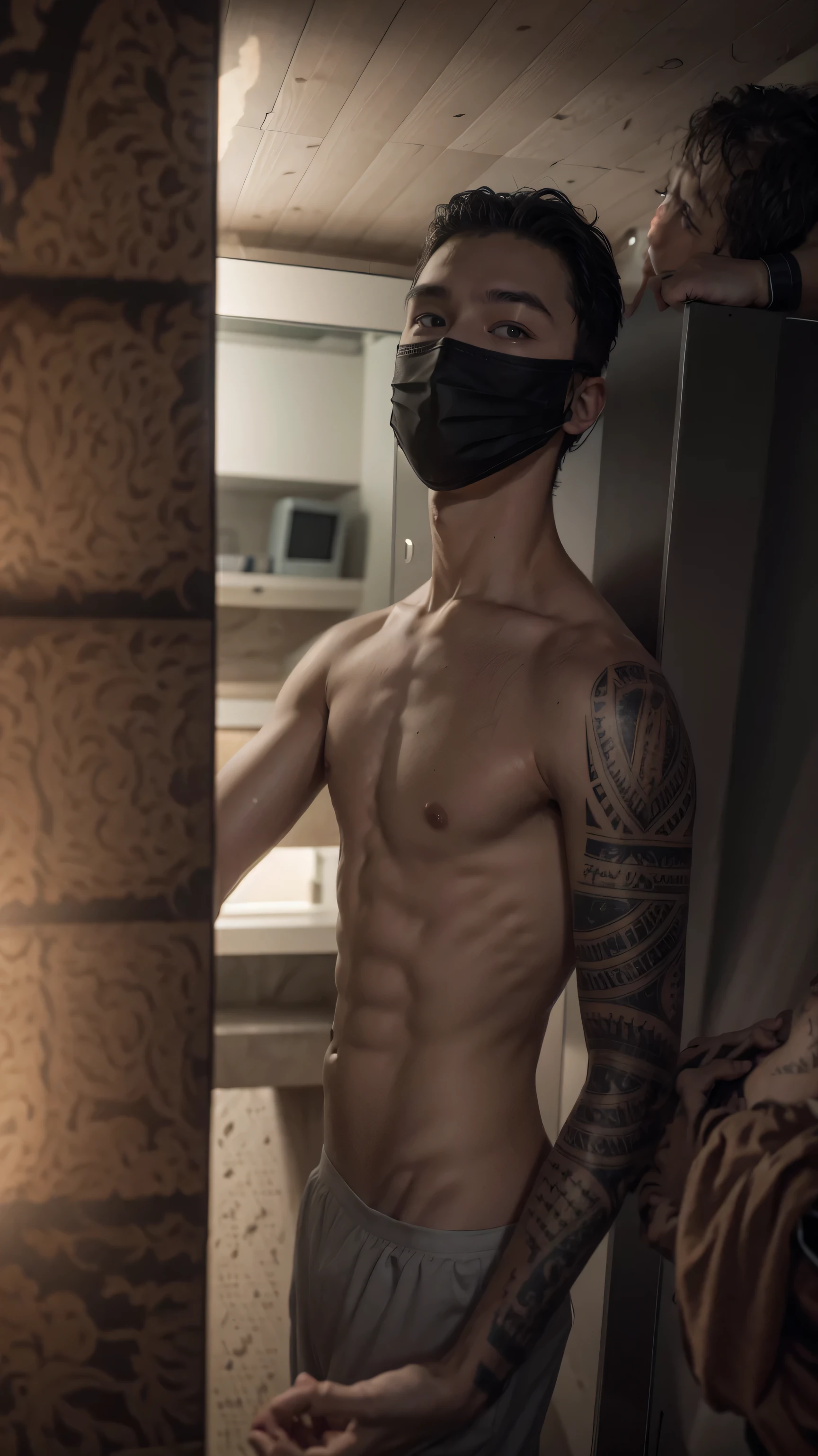 there is a young boy with a mask taking a selfie in the mirror, suitable photo, half body cut, mid-body shot, perfectbody, full body view, showing biceps, top half of body, slim, muscular build,  muscular boy, [ defined abs ]!!, tattoo only on the arm