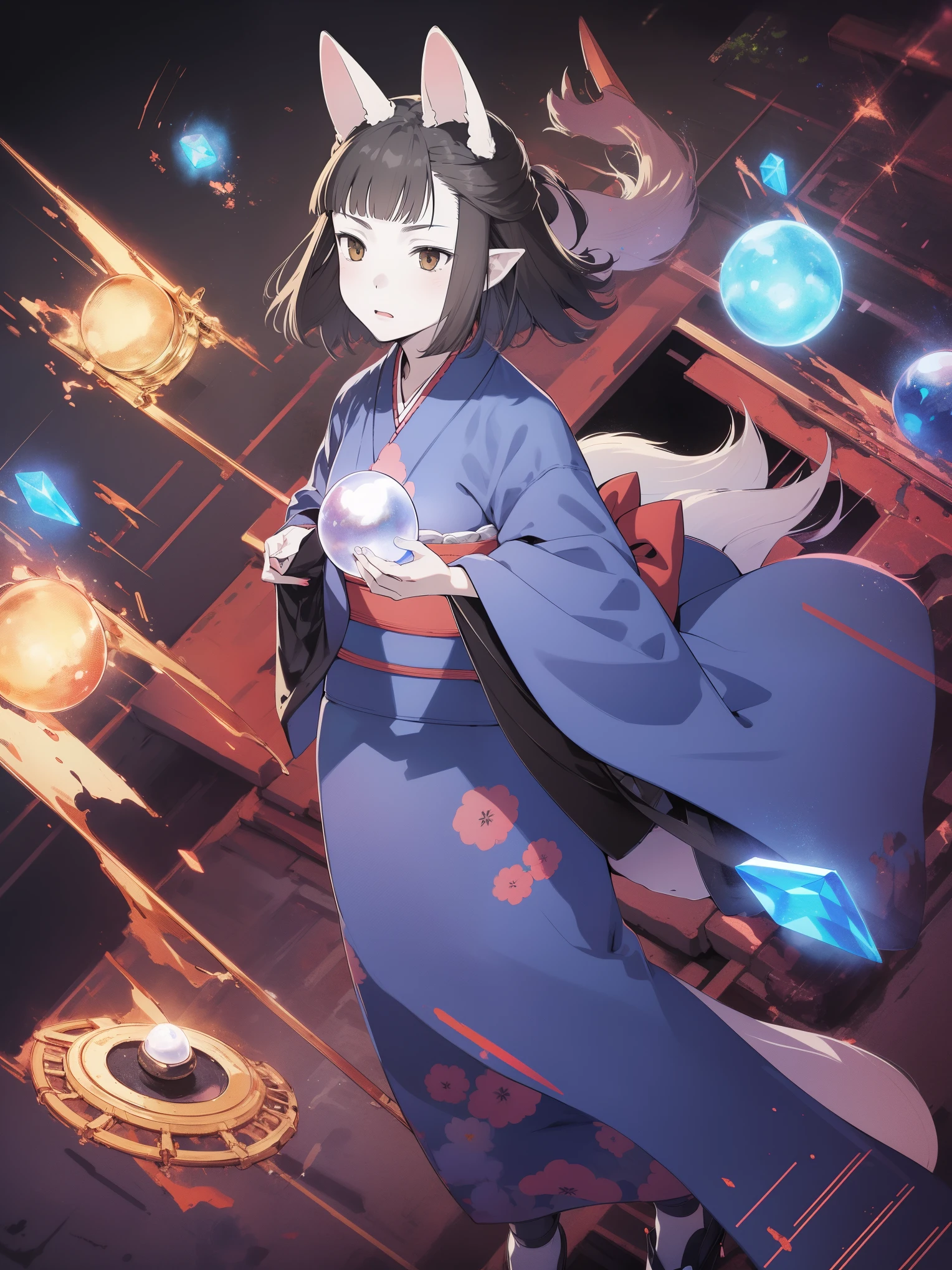 Hasaha, 1girl, young_, soro, brown eyes, animal ears, black hair, pointy ears, short_ hair, fox ears, bangs, blunt bangs, f, 
 japanese clothes, kimono, tail,  blue kimono, fox tail, crystal ball,
 masterpiece, high quality, very_high_resolution, large_filesize, full color,night_town_landscape, cobblestone_road