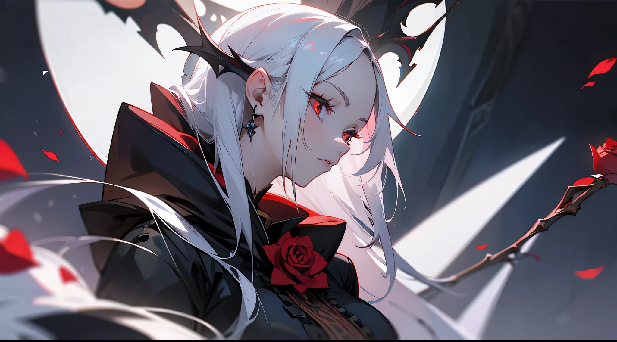 Throne,One huge breasted girl,Lots of roses,Thorn, Red eyes,Intense expression,White Hair,petal,profile,Upper body,Semi-dark, Semi-gloss,Support your face with one hand