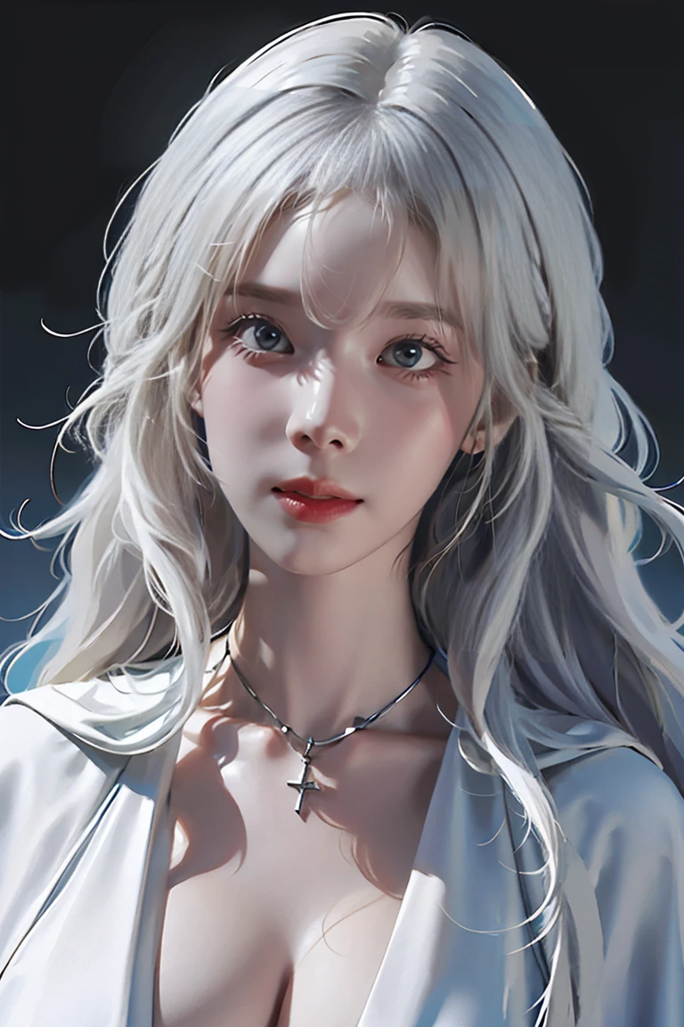 ((Woman with tattoo on chest)), girl, ((long white hair with bangs,,, Black strands of hair)), Purple eyes, White T-shirt and white cape, Pendant around the neck. 超High resolution.Realistic. 超High resolution.Realistic:1.4,超High resolution. Realistic,High resolutionで, masterpiece, Highest quality, Very detailed, Better Shadows, Volumetric lighting), super high quality, High resolution, 8k, 超Realisticな肖像画 , Realistic, Dynamic Lighting, Volumetric lighting, Very detailed顔,(Browsing Caution:1.0), Full Body Stand Posture, Thin legs, ((Large Breasts)), Detailed facial details, Natural and beautiful standing posture,