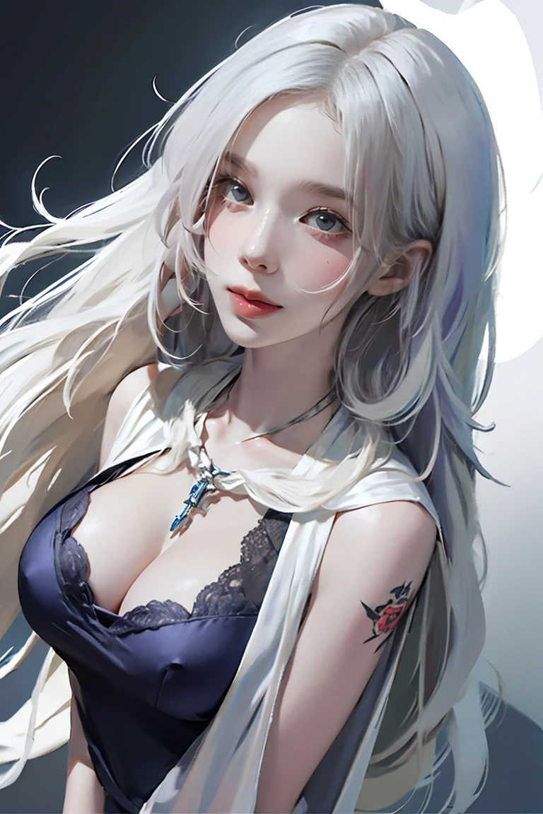 ((Woman with tattoo on chest)), girl, ((long white hair with bangs,,, Black strands of hair)), Purple eyes, White T-shirt and white cape, Pendant around the neck. 超High resolution.Realistic. 超High resolution.Realistic:1.4,超High resolution. Realistic，High resolutionで, masterpiece, Highest quality, Very detailed, Better Shadows, Volumetric lighting), super high quality, High resolution, 8k, 超Realisticな肖像画 , Realistic, Dynamic Lighting, Volumetric lighting, Very detailed顔,(Browsing Caution:1.0), Full Body Stand Posture, Thin legs, ((Large Breasts)), Detailed facial details, Natural and beautiful standing posture,