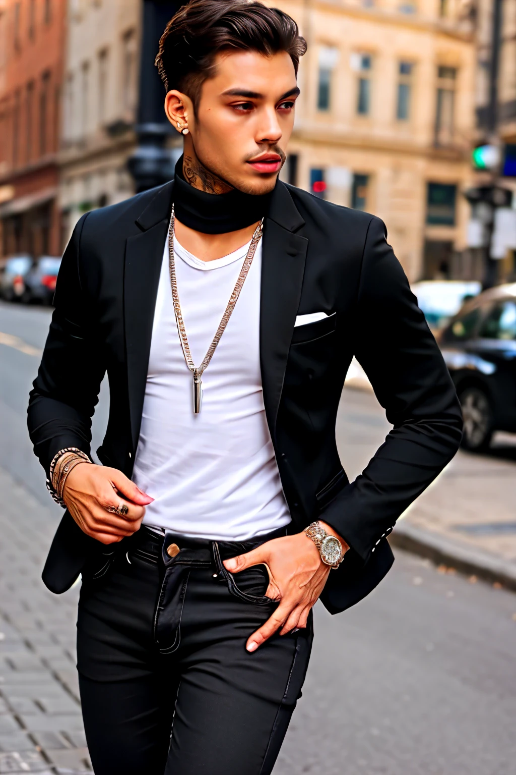Men full black jeans and black blazer with black turtle neck t shirt with silver chain