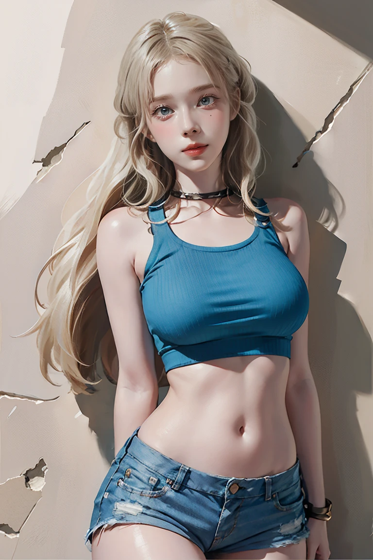 masterpiece, Highest quality, One Girl, alone, White crop top, Large Breasts, Denim shorts, Place your arms behind your back, Against the wall, View your audience, Armband, Thigh straps, Body Paint, Tilt your head, boredom, blonde, Aqua Eye