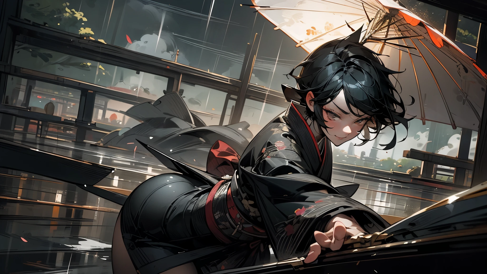 masterpiece,Highest quality,Ultra-fine illustrations,Very detailed,Beautiful background,Perfect Face,Perfect hands,Dynamic Angle,Ink painting style,ass pov,Dynamic Scene,kimono,knife,short hair,rain,battlefield,Beautiful background,Fearless Smile,Ii Slash
