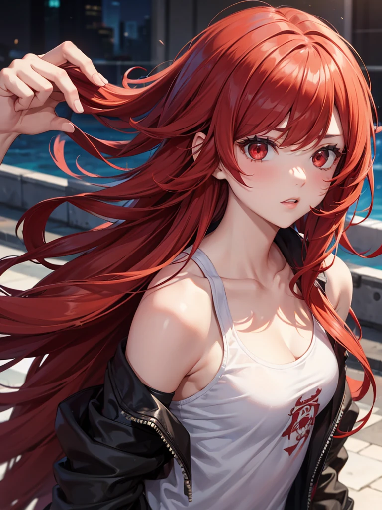 girl, red eyes, red hair, she hair messy wavy. have bangs, arrogant, tomboy, thug