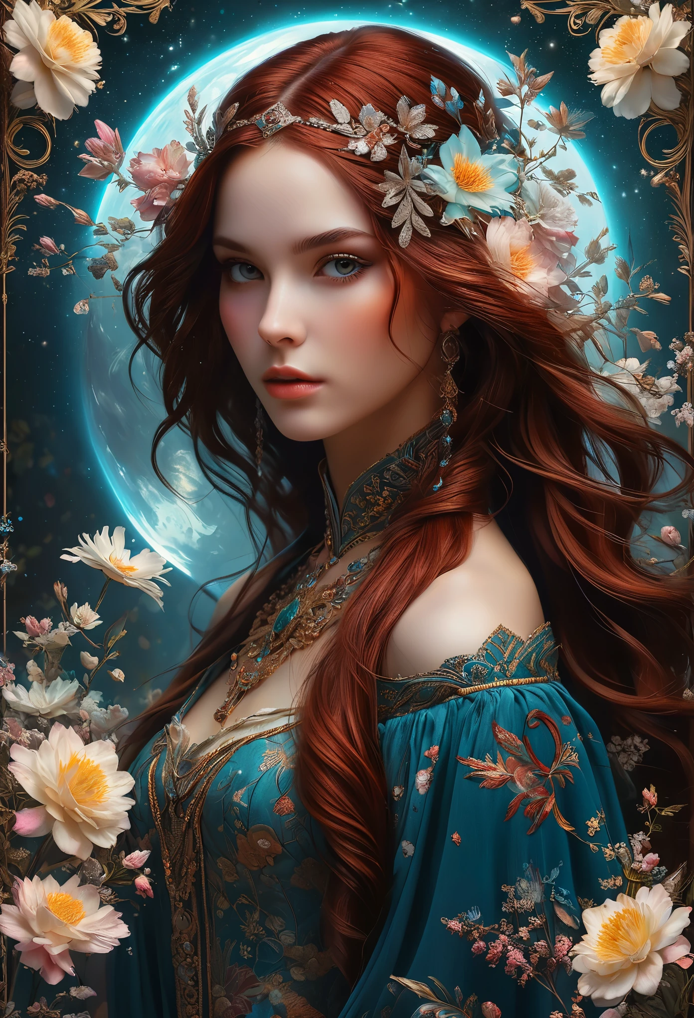 (masterpiece, Highest quality, Highest quality, Official Art, beautifully、aesthetic:1.2), (One girl:1.3), (Fractal Art:1.3), card, Tarot, Dark red Hair, Twin Blade, Hair Flower, (Good lighting:1.1), ((High resolution)), Tarot card style