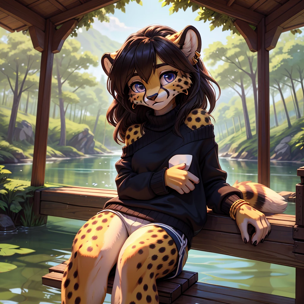 **Prompt:** A beautiful, (masterpiece), high quality, perfect lighting, highly detailed CG Unity 8k wallpaper, high resolution, perfect lighting, youthful, adolescent, tall, slim, skinny, frail slender figure, slim legs, distinctly feminine figure, narrow hips, long legs, close-up shot of a unique female cheetah character. She has sleek, golden-yellow fur with distinctive black spots scattered across her body, adding to her natural elegance. Her hair is styled in a loose, messy bun, with a few strands escaping to frame her face. Her eyes are a striking blue, filled with a playful spark. She is dressed in casual, loose clothing: an oversized, off-the-shoulder sweater in a vibrant fabric, nip slip, exposed boob, embarrassed, paired with comfortable, loose-fitting joggers in a matching color. She wears simple, white sneakers and a few casual accessories, including a woven bracelet and a pair of small, stud earrings. The character is posed in a candid, relaxed moment, sitting on the edge of a wooden pier with her legs dangling over the water. She is leaning back on her hands, her face tilted up to enjoy the warmth of the sun, looking at the viewer with a loving gaze. Detailed glistening eyes. The background is a softly blurred lakeside scene with calm water and distant trees, enhancing the serene and laid-back atmosphere. The lighting highlights the texture of her fur and the softness of her clothing, creating an inviting and tranquil scene that captures a peaceful, everyday moment.