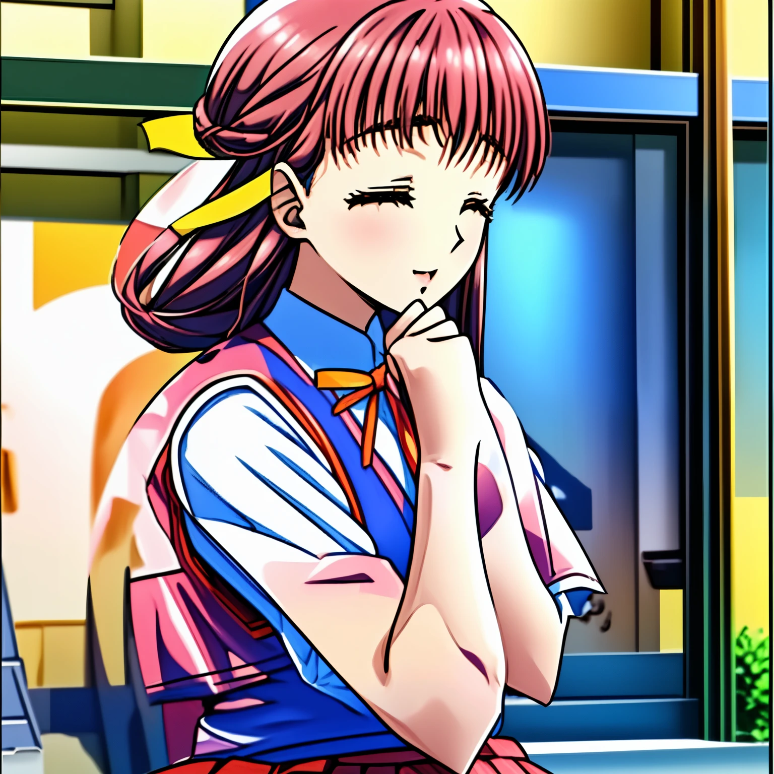 (highest quality, masterpiece:1.2), highest quality, High resolution, 1080P, 8k, (Very beautiful and delicately drawn high-resolution anime CG: 1.5), (Two Beautiful 15yo girl anime heroine, A very neat, very noble, pretty, pure girls are laughing with closed eyes: 1.4), (sharp thin lines: 1.5), (Glossy lips: 1.2), Evenly cut curled bangs, (Very beautiful and very super-long flowing pink long hair: 1.2), (Noble red gorgeous school vest uniform, red gorgeous pleated noble skirt, light-pink neat blouse: 1.8), (Yellow cute school ribbon on her chest), (Yellow hair ribbon clip: 1.0), (Giggling: 1.0), (Mouth is laughing and wide open as a game heroine: 1.0), (A beautiful body like a model), (long cute eyelashes: 1.4), (Tilting her head shyly: 1.2), (Too beautiful women, 1.6), (She is in fact succubi and calling me with strong religious temptation, drops me into craziness: 1.2), (We are looking her facial profile from the side: 1.5), (Strong wind flows her long beautiful hair: 1.2)