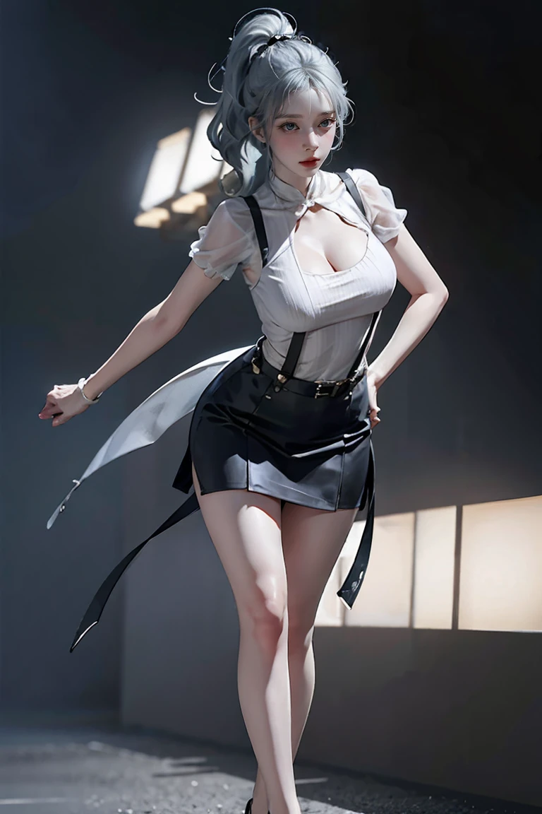 Black Skirt, 　suspenders, Silver hair, grey eyes, 脚にガーターbelt, Tight clothing, belt, Dark look, ponytail, Realistic, Dynamic Lighting, Volumetric lighting, Highly detailed face,(NSFW:1.0), Full Body Stand Posture, Thin legs, ((Large Breasts)), Detailed facial details, Natural and beautiful standing posture,(The clothes are see-through)