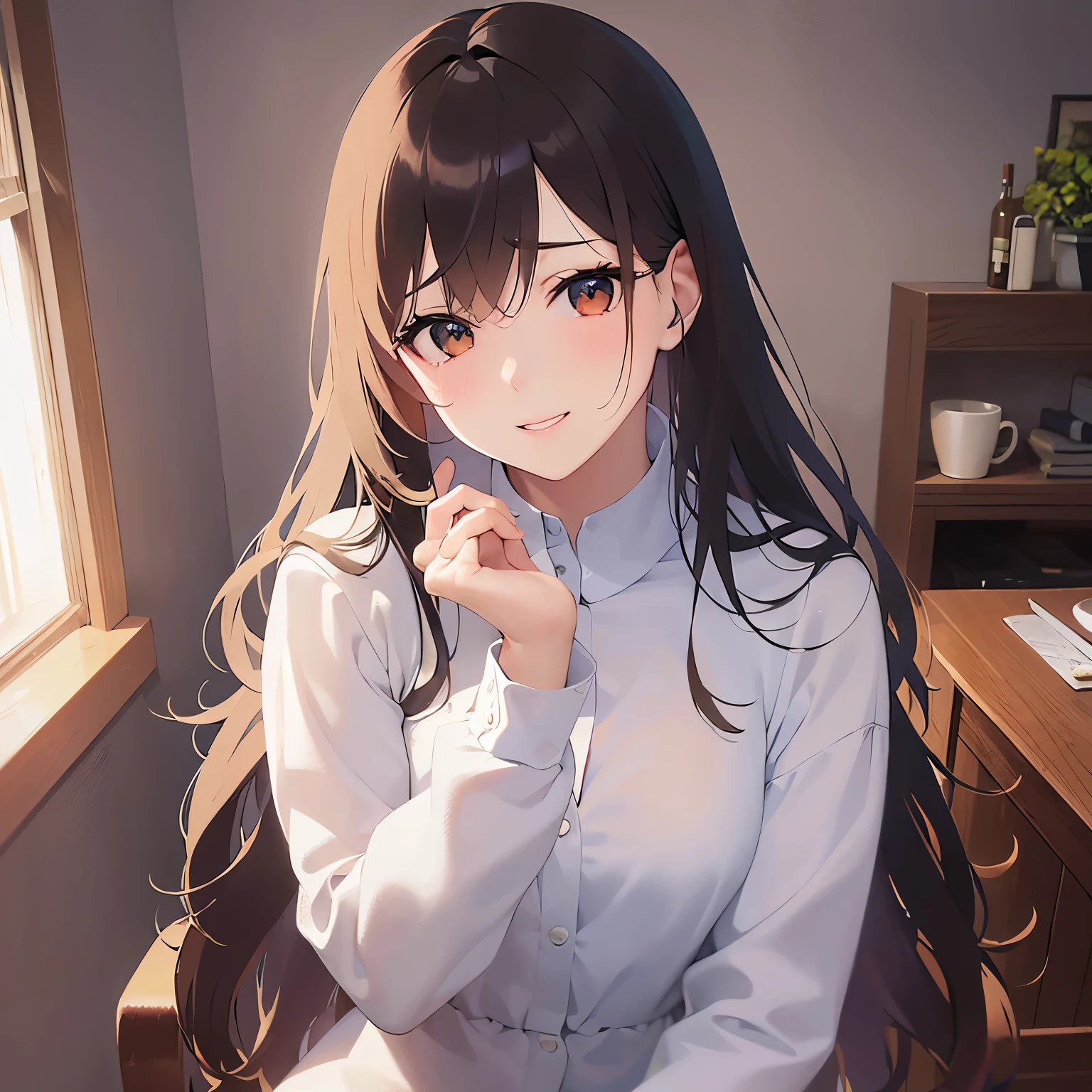 (looking away:1.5),Upper Body,head tilt,(wiping tears:1.2),
Realistic, real person, (pale skin: 1.2), RAW photo, photorealistic, shiny skin, shiny hair、
(A 25-year-old woman with medium-length hair and bangs) and (wavy hair) and (brown hair) and (orange eyes) 、
(tearful:1.2),smile,Sitting、White long sleeve dress with collar、The background is the living room