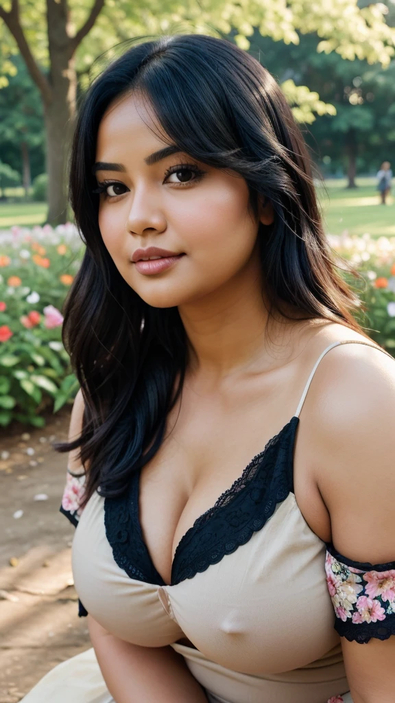 Masterpiece, best quality, chubby face, natural breast, wearing hot indian, cleavage, charming black hair, in park with flowers , bokeh