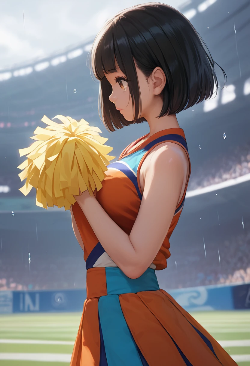 score_9,score_8_up,score_7_up,masterpiece,best quality, source anime, realistic, super detailed, extreme detailed, rating_safe,
1girl, standing, own hands clasped, praying, holding pompom, upper body, profile,
BREAK girl, 22yo, short hair, bob cut, (blunt bangs), black hair, (tareme, detailed cute brown eyes), curled eyelashes, (large breasts:0.9),
shiny hair, beautiful detailed eyes, beautiful face,
cheerleading costume, mini skirt, serious, tearful eyes, audience seating, rain, background blur