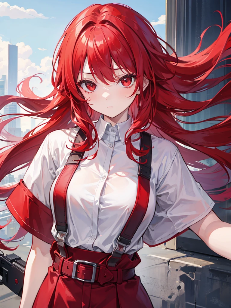 Anime-style girl, long red hair, disheveled hair, hanging eyes, wear wet see-through white T-shir, holding sword, simple black headband, bare shoulders, delicate and sexy collarbone,