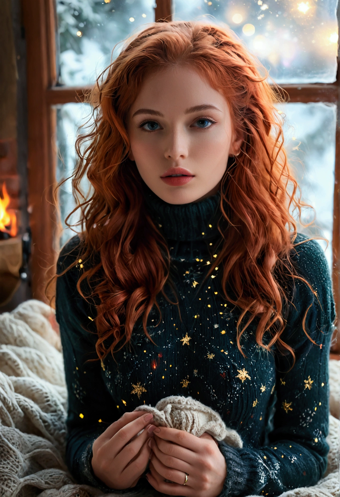 An ultra hot beautiful european woman, age 23, red wavy hair. she's a playmate, men magazine model, enjoying a cozy evening by the fire. She wears a turtleneck winter color wool sweater and tight shorts. Trough the window, winter starry night. Northern lights, Perfect anatomy, perfect hair, perfect breast, perfect body, perfect hands, perfect face, UHD, retina, masterpiece, accurate, anatomically correct, textured skin, cleavage
