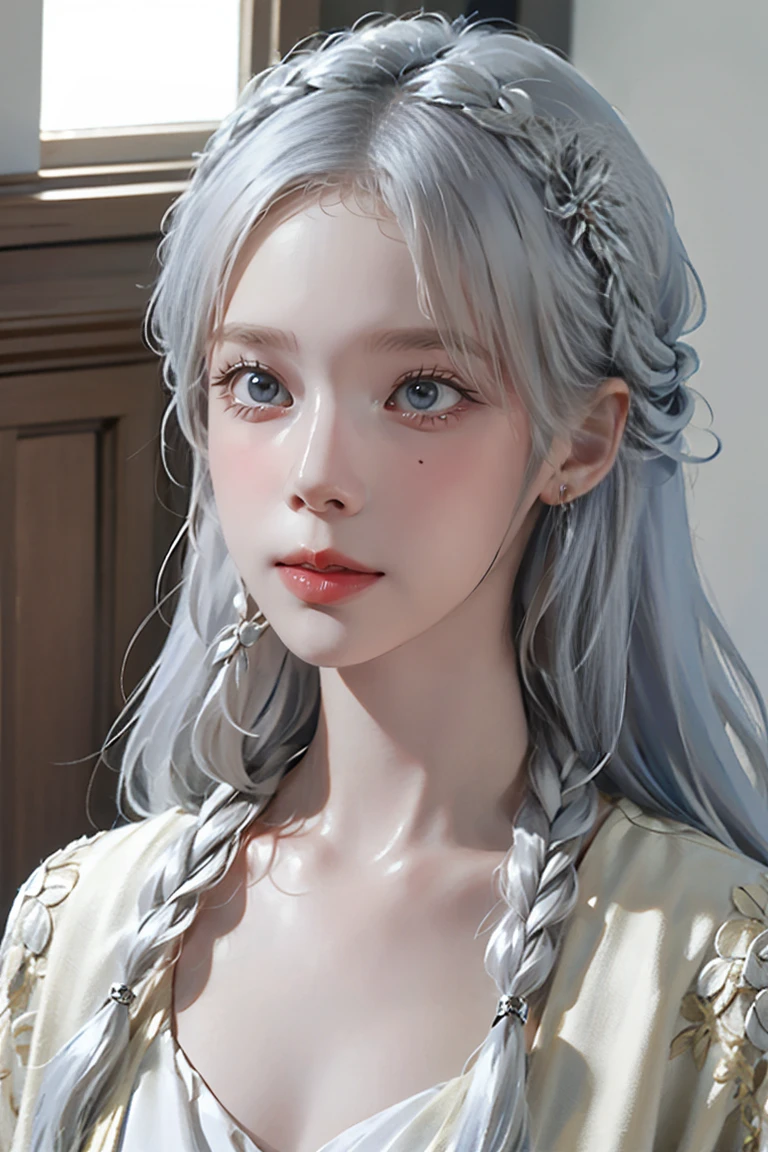 (Highest quality, masterpiece:1.2), Ultra-high resolution, Realist, Front lighting, Intricate details, Exquisite detail and texture, 1 girl, alone ,(young), Facial highlights, Upper body, Detailed face, Teardrop Mole, white skin, Silver Hair, Horse tail, Braid, Looking at the audience, Big eyes, that robe, (Hollow pattern, white, that), Earrings, Small breasts, Skinny body, Luxurious Room, Professional Lighting, Photon Mapping, Radio City, Physically Based Rendering,