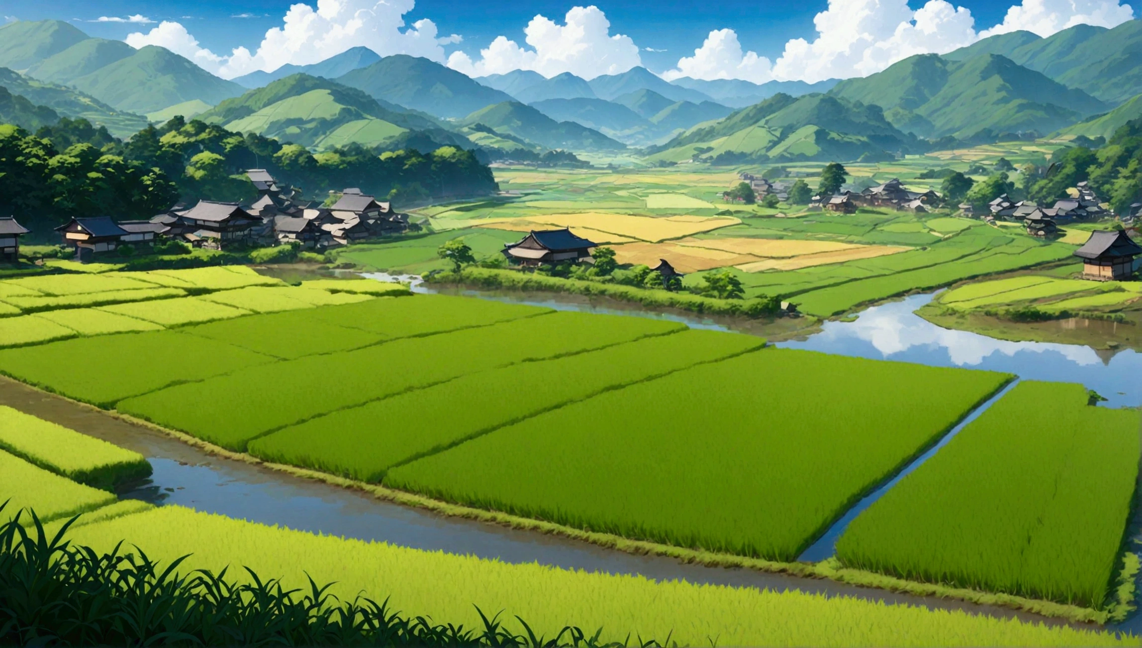 Japanese countryside,Paddy field,Azemichi,Midsummer,sunny,Daytime,Highest quality, 8k, High resolution, masterpiece:1.2, Very detailed, Realistic:1.37, High resolution, 超High resolution, Very detailed, Professional, Vibrant colors