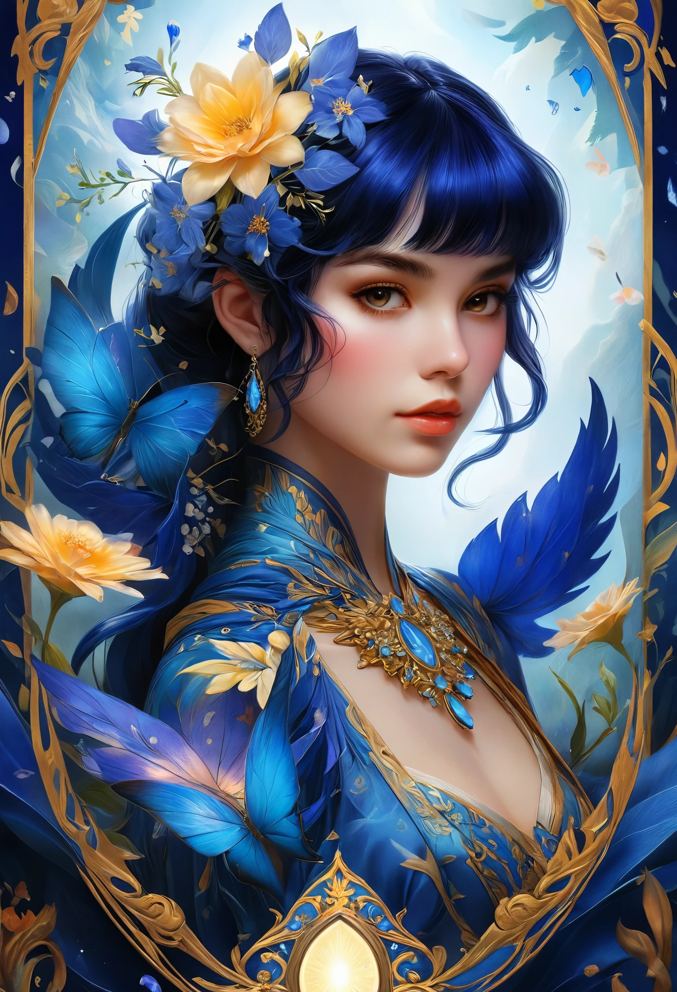 (masterpiece, Highest quality, Highest quality, Official Art, beautifully、aesthetic:1.2), (One girl:1.3), (Fractal Art:1.3), card, Tarot, Dark blue Hair, Twin Blade, Hair Flower, (Good lighting:1.1), ((High resolution)), Tarot card style