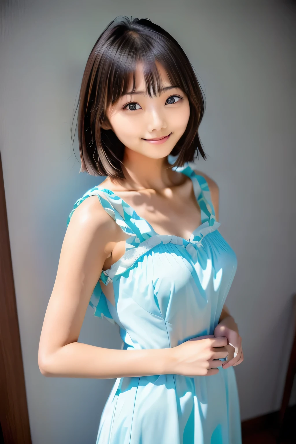 Asian woman in a blue dress taking a photo, Young and cute gravure idol, Young Sensual Gravure Idol, Real young gravure idol, My motto is Teshirogi, Short Hair, Young and skinny gravure idol, narumi kakinouchi, Japanese Model, Aoi Ogata, Face that faithfully reproduces the face of LoRA, High resolution, Very detailed, Natural Bangs, highest quality