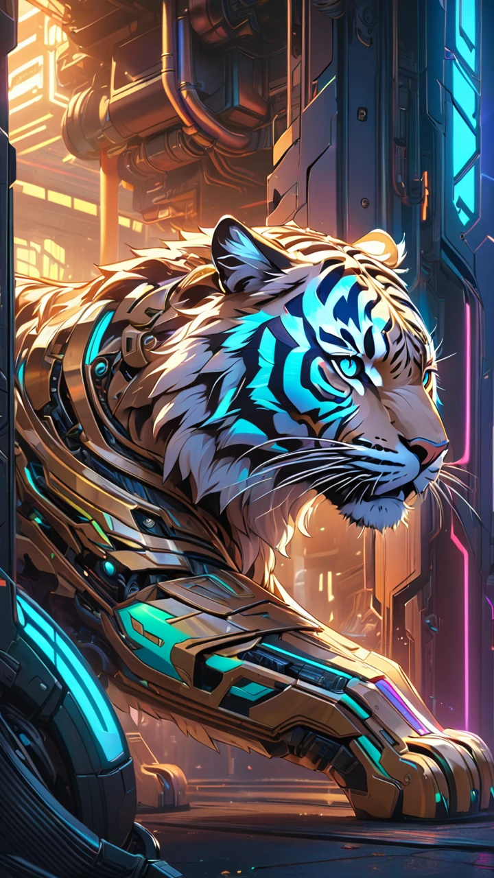 masterpiece, best quality:1.2, ultra-detailed highly detailed, 8k, glowing mechanical tiger, intricate metal gears and parts, cyberpunk style, iridescent metallic body, futuristic, cinematic lighting, dramatic shadows, vivid colors, vibrant palette, powerful presence
