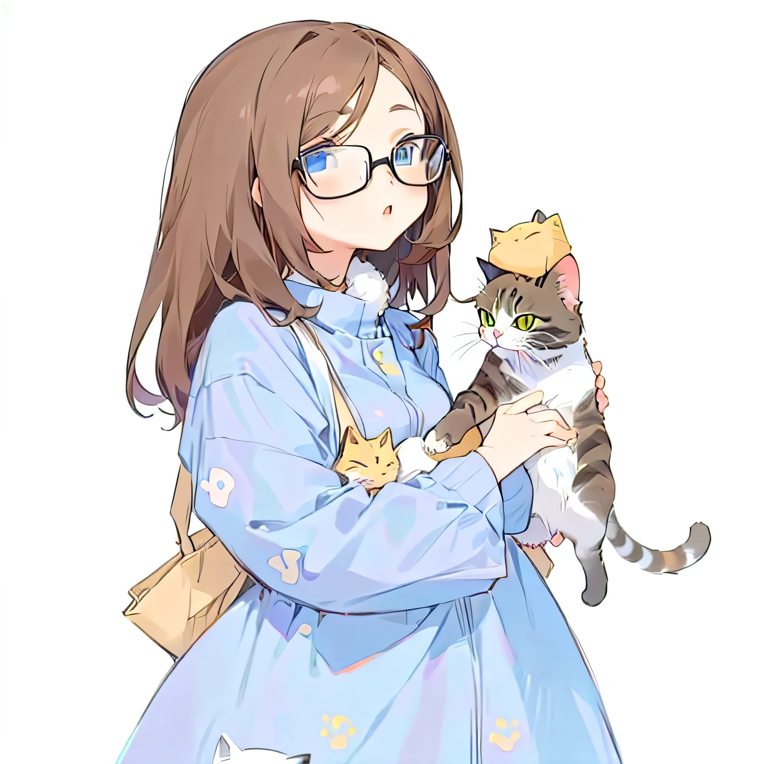anime girl Holding a cat and a bag with a cat on it, cute anime Catwoman, anime Catwoman, Catwoman, anime cat, Holding a cat, there is nothing, There is a cat next to her, she is Holding a cat in her arms, author：Yukika Kosaka, Charming Catwoman, Anime style, An anthropomorphic cat