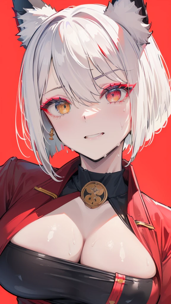 Face Focus , ((Highest quality)), ((Tabletop)), Perfect Face, Official Art,,Beautiful Face,Earrings,((((Pure White hair)))),heterochromia , ((right red eye)) , ((left yellow eye)),(((Odd Eye))),Textured skin, Ultra high definition, Very detailed, ((((Close-up)))),((((One girl)))), Gauze, ((Simple Background)), earrings,Wet Hair, ((((((Face-up)))))),bangs,((((独奏)))), open your mouth, Bangs between the eyes, choker,first round,((((very Short hair)))),smile,Ahoge Sideburns, ((Black gloves)),((huge breast)),((((Fox ears)))),((((military uniform)))),Eyelashes,((heart eyes)),Wet,((((Sweat)))),Five fingers